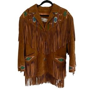 Erez Levy Suede Leather Embroidered Fringe Jacket Small